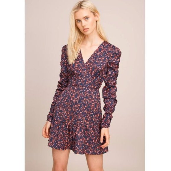 The Fifth Label Archer Floral Faux Wrap Dress M Long Sleeve Red Navy - Picture 6 of 11